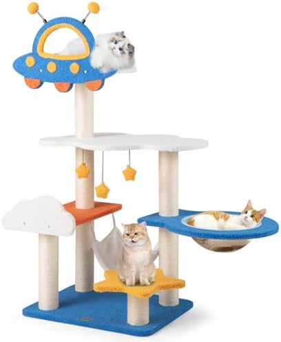 PETSITE 49-inch Cat Tree for Indoor Cats, Space-Themed Multi-Level Cute Cat Tree Tower with Sisal Scratching Posts, UFO Top Perch, Space Capsule, Cloud & Star Platforms, Dangling & Spring Balls