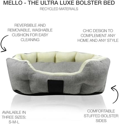 Pet Passion Mello-The Ultra Luxe Bolster Dog Bed with Removable Washable Pillow for All Pet Breeds, Ivory Tweed, Small