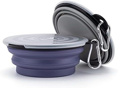 SLSON Dog Bowls Pet Collapsible Bowl with Cover Lids,2 Pack Dog Travel Bowls Portable Foldable Cat Water Dish Bowl for Pets Walking Parking Camping (Taro Purple and Concrete Gray, Small)