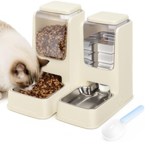 2 Pack Automatic Cat Feeder Stainless Steel Gravity Food and Water Dispenser for Small Medium Kitten Puppy Pets (Cream)