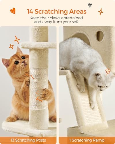 Feandrea Cat Tree, 81.1-Inch Large Cat Tower, Multi-Level Condo, Beige