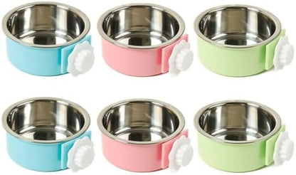 kathson Crate Dog Bowl, Removable Stainless Steel Hanging Pet Cage Bowl Food & Water Feeder Coop Cup for Cat, Puppy, Birds, Rats, Guinea Pigs (6 PCS, Size: L, 2×Blue,2×Green,2×Pink)