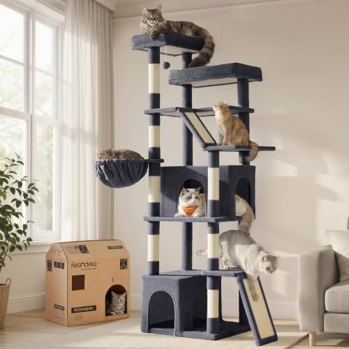 Feandrea Large Cat Tree, 72.6" Tall Sturdy Cat Tower for Indoor, Dark Gray
