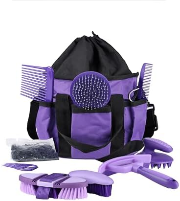 Harrison Howard Horse Grooming Kit 9 Piece with Tote Bag, Non-Slip Horse Brush Set for Shedding, Bathing, Hoof Care, Mane & Tail Grooming, Equine Grooming Supplies Purple