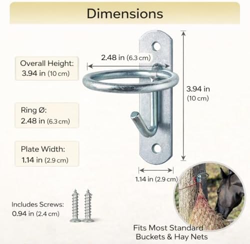 Horse Stall Bucket Hooks, Heavy Duty Metal Ring Bucket Hangers with J-Hook, Wall Mounted Water Feed Bucket Holder for Barn, Stable & Fence, Includes Screws, 2-Pack