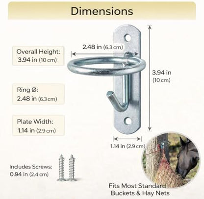 Horse Stall Bucket Hooks, Heavy Duty Metal Ring Bucket Hangers with J-Hook, Wall Mounted Water Feed Bucket Holder for Barn, Stable & Fence, Includes Screws, 2-Pack