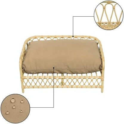 DBD1005B Elevated Pet Daybed 27.5" x 17", Handwoven Rattan Dog & Cat Bed with Machine Washable Cushion, Wicker Rattan Sofa for Small to Medium Pets, Bohemian Style, Light Brown