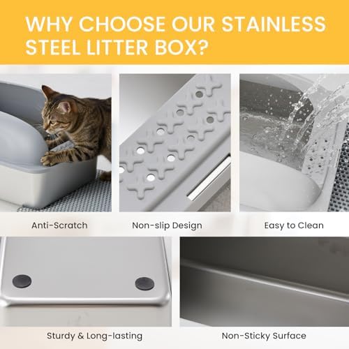 HealSmart Stainless Steel XL Cat Litter Box, Extra Large Cat Litter Box with Lid, High Sided Metal Litter Tray for Big Cats, Anti-Urine Leakage Non-Stick Easy Clean, Light Gray