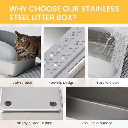 HealSmart Stainless Steel XL Cat Litter Box, Extra Large Cat Litter Box with Lid, High Sided Metal Litter Tray for Big Cats, Anti-Urine Leakage Non-Stick Easy Clean, Light Gray