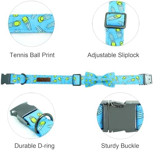 Dog Collar-Tennis Balls Print Adjustable Pet Collar Cute Cotton Soft Collars with Bow Tie Spring Summer Metal Buckle Puppy Collar Gift for Large Dogs