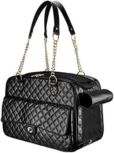 Fashion Dog Purse Carrier for Small Dogs with Large Pockets, Holds Up to 8lbs Quality PU Leather Pet Carrier, Cat Carrier, Airline Approved Puppy Purse Carrier for Travel (Black, Small Size)