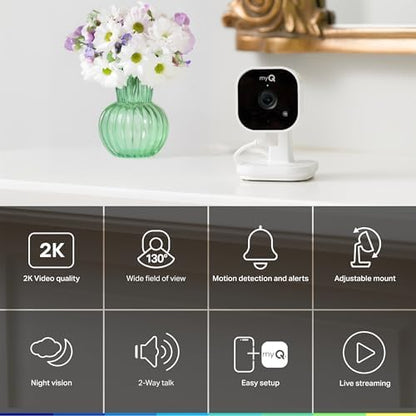 myQ Indoor Plug-in Security Camera Gen 2 – 2K Smart Wi-Fi Camera with Night Vision, Baby and Pet Monitor, Motion Detection and Alerts, 2-Way Audio & App Control, 2 Pack
