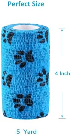 WePet Pet Wrap, Self-Adhesive, Only Sticks to Itself, Non-Woven Tape for Dog Legs, Paws, Wounds, First Aid Cohesive Gauze for Horse, Cat, Bird, Animal, 6 Rolls, 4 Inch, Pawprints A