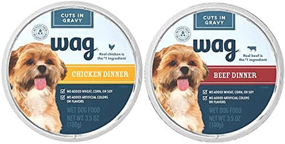 Amazon Brand – Wag Wet Dog Food Cups, Chicken & Beef in Gravy Variety Pack, 3.5oz, 12 pack