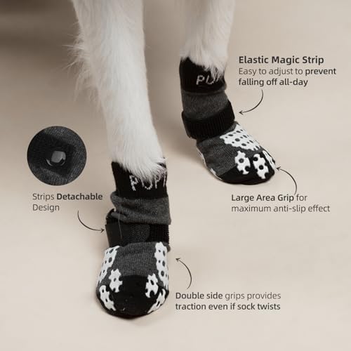 PUPTECK Anti-Slip Dog Socks with Double Sides Grips for Small Medium Large Dogs Hardwood Floors Prevents Licking, Dog Shoes for Hot Pavement Traction Control Paw Protector for Senior Dogs, Grey M