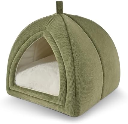 Amazon Basics Cat Cave Bed, 2-in-1 Foldable House for Indoor Cats, with Washable Cushion and Non-Slip Base, 17.5 x 17.5 Inches, Large, Green