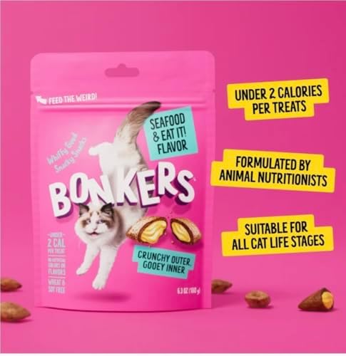 Bonkers Seafood Flavor Cat Treats with Spring Toys, Crunchy Outer Gooey Inner, 16 oz Value Pack