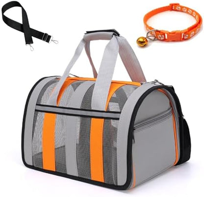 18.5" Airline Approved Pet Carrier for Small Dogs & Cats, Portable Soft-Sided Cat Travel Bag with Adjustable Bell Collar & Safety Leash, Lightweight Foldable Dog Carrying Case