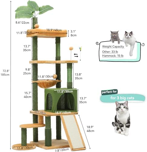 YITAHOME Tall Cat Tree Tower with Leaves for Indoor Cats, 72.8in Cute Cat Climbing Tower with Self-Grooming Brush, Cat Condo, Top Perch, Basktet, Sisal Scratching Posts and Board, Dangling Ball