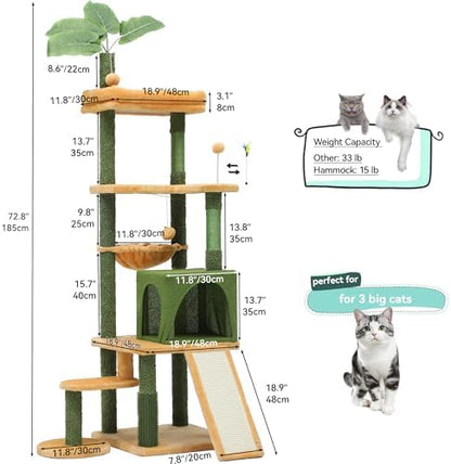 YITAHOME Tall Cat Tree Tower with Leaves for Indoor Cats, 72.8in Cute Cat Climbing Tower with Self-Grooming Brush, Cat Condo, Top Perch, Basktet, Sisal Scratching Posts and Board, Dangling Ball