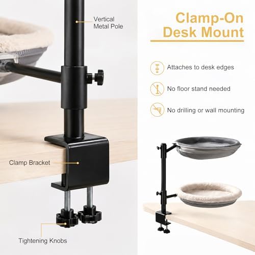 Double Cat Desk Bed with 360° Rotation & Adjustable Height, 2-Tier Cat Hammock for Desk, Heavy Duty Desktop Cat Perch with Mesh & Plush Covers, Home Office Cat Bed, Gray