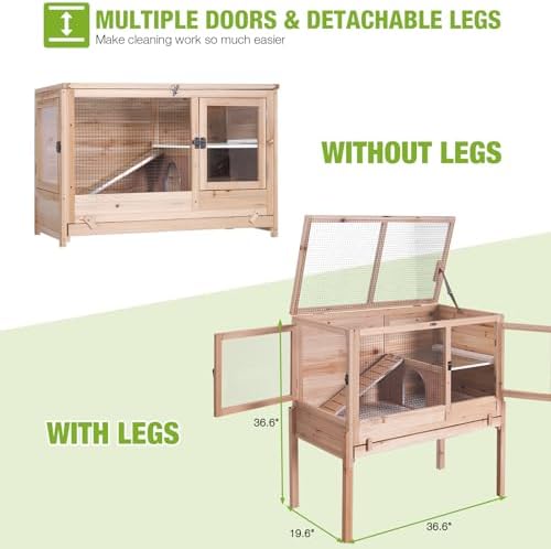 GUTINNEEN Guinea Pig Cages with Anti Chewing Sturdy Plastic Floor and Cool Zinc Plate, Indoor Rabbit Hutch with Hideout and Platform, Elevated Legs Hamster Cage 36.6" L (Nature)