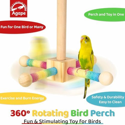 Agape 360° Rotating Bird Perch Stand, Wooden Parrot Exercise Toy