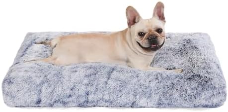 Bedfolks Waterproof Crate Bed With Removable Washable Cover, Plush Faux Fur Pad for Medium Dogs, Fluffy Kennel Bed 29"x21", Dark Blue