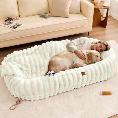 ChiXnuggle Orthopedic Human Dog Bed,Striped Faux Fur Washable Cover,Blanket