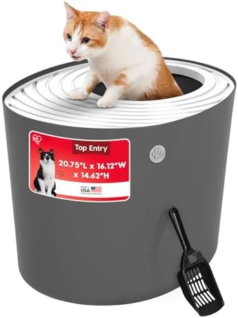 IRIS USA Large Top Entry Cat Litter Box, Hooded Privacy, Dark Gray/White
