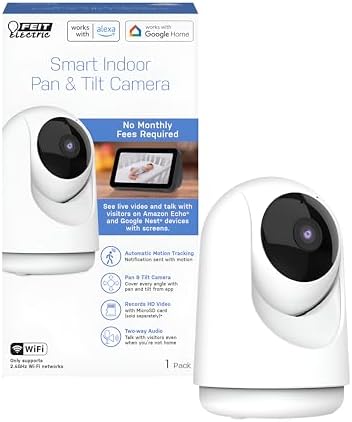 Feit Electric Indoor Security Camera with Motion Detection, 30ft. Night Vision, Pan and Tilt Head, 2.4GHz WiFi, 2-Way Audio, 1080p HD, Works with Alexa & Google Asst, Plug-in, White, CAM/PAN/WiFi/G2