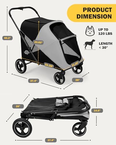Dog Stroller for Large & Medium Dogs, 4 Wheels Pet Stroller for Large Dogs up to 120lbs, Extra Large Dog Stroller with Foldable Design, Sun Shades, Storage Pocket, Breathable Mesh