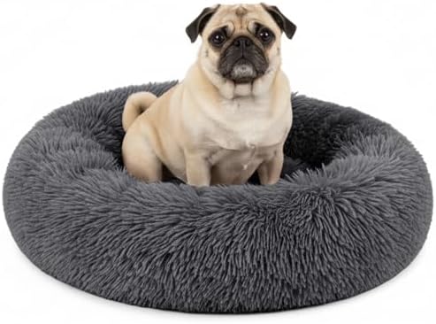 PetAmi Calming Donut Dog Bed, Washable Faux Fur, 23 Inch Small, Grey