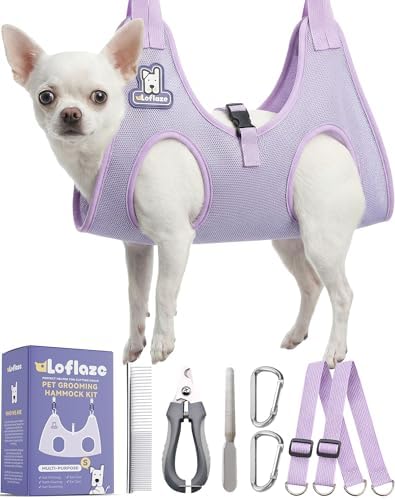 Loflaze Dog Grooming Hammock Harness for Dogs & Cats with Pet Nail Clipper Trimmer - Cat Hanger Sling for Trimming Clipping Nails- Dog Hammock Restraint Bag for Small Medium Large pet （ Purple XS）