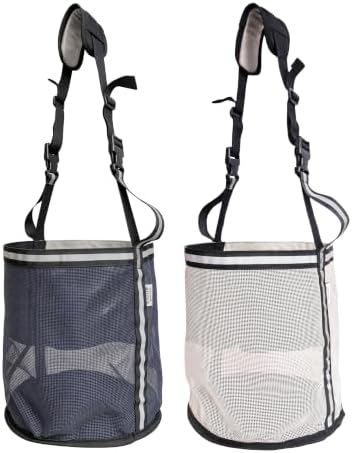 Horse Feed Bag,Heavy Duty Muzzle Feed Bag with Adjustable Strap,Comfort Neck Pad,Nose Pad and Double Waterproof Bottom Mesh Feed Bags for Horse Pack of 2 (Dark Blue & Grey(Reflective))