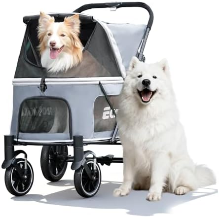 EchoSmile Dog Stroller for Large Dogs, 135lbs Weight Extra Large Pet Stroller, 4 Wheels Cats & Dogs Carrier with Brakes, Breathable Mesh Windows & Pocket, Gray