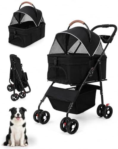Pet Stroller, 3 in1 Foldable Dog Cat Stroller with Detachable Carrier-Black