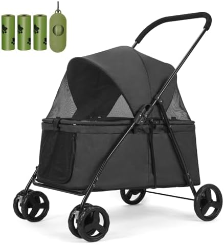20% Larger Capacity, Wedyvko Dog Stroller for Medium/Small Pets w/Dog Poop Bags & Dispenser, Storage Pouch, Zipperless, Entry in/Out Easy (Black)
