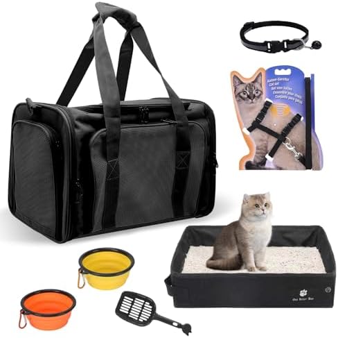 Cat Carrier with Litter Box, Cat Travel Carrier Soft Sided & Foldable Travel Litter Box for Cats, Fit for Cats or Kittens Up to 20 lbs, 17'*11.8'*11.8' inch Pet Carrier Bag, Camping & Traveling Black