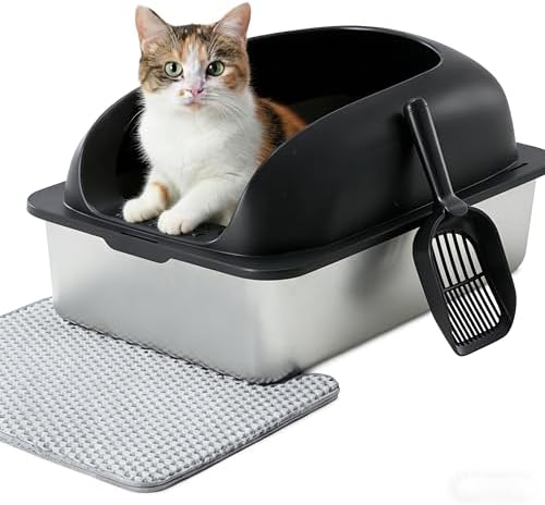 HealSmart Stainless Steel XL Cat Litter Box, Extra Large Cat Litter Box with Lid, High Sided Metal Litter Tray for Big Cats, Anti-Urine Leakage Non-Stick Easy Clean, Black