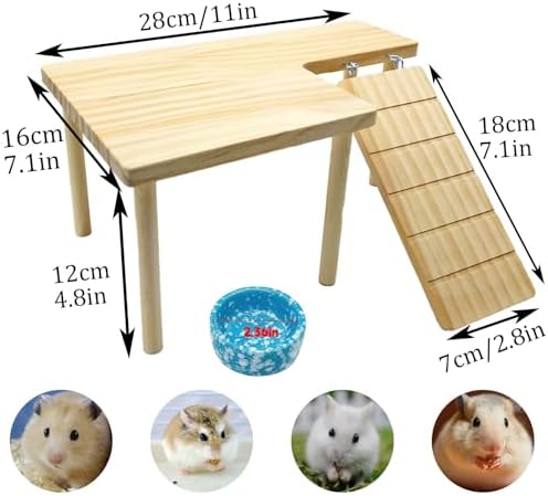Wooden Hamster Platform with Ladder Rat Climbing Activity Playground Platform Cage Accessories Decor for Dwarf Syrian Hamster Gerbil Rat Mice (Right)
