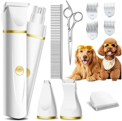 unibono Dog Grooming Kit with Paw Trimmer, All-in-One Low Noise Electric Rechargeable Small Quiet Pet Clippers Foot Dog Hair Shaver with Stainless Steel Scissors and Comb for Dogs at Home