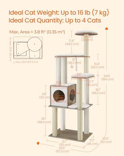 Feandrea Cat Tree, 64.6-Inch Multi-Level Tower with 5 Scratching Posts