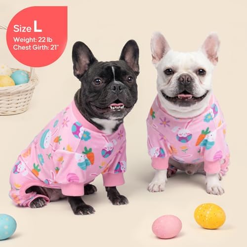 KYEESE Easter Dog Pajamas, Soft Dog Pajamas for Small Dogs Girl, Stretchy Dogs Pjs Velvet Pet Jumpsuit with Eggs & Bunny Pattern, Comfy Lightweight Pet Outfit, Pink, L