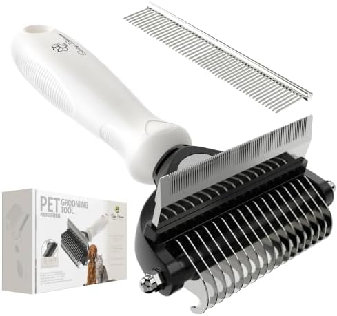 Spring Blossoms-2 in 1 Professional Grooming Rake for Cats & Dogs-Dematting Comb for Easy Mats & Tangles Removing,Pet Brush Safe No More Nasty Shedding and Flying Hair (Cloud Dancer White)