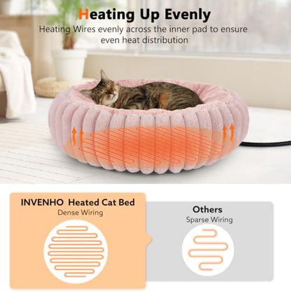 INVENHO Heated Cat Beds for Indoor Cats and Small Dogs, 20" Cozy Donut Heated Pet Bed with Timer & Temp Adjustable, Removable Waterproof Electric Warming Bed for Indoor Cat