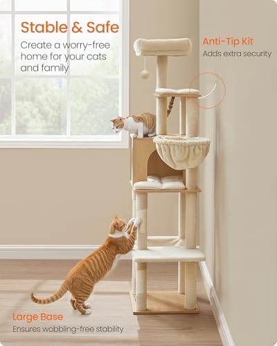 Feandrea Cat Tree, 65-Inch Tall Cat Tower, Multi-Level Condo with Cave