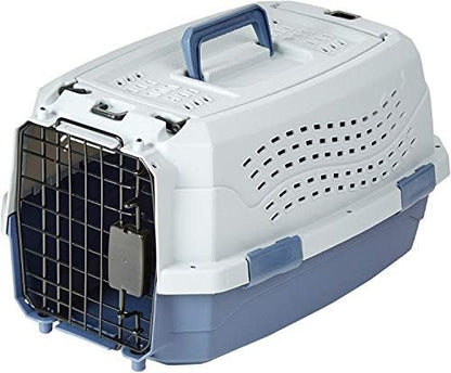 Amazon Basics 2-Door Top-Load Hard-Sided Pet Travel Carrier for Cats and Small Dogs, 19" L x 12.6" W x 10" H, Gray & Blue