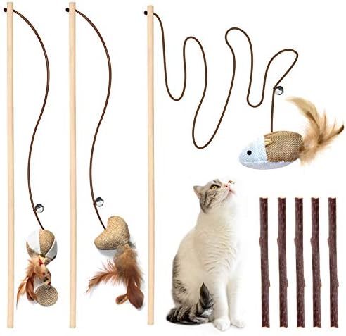 3-Piece Natural Wooden Cat Teaser Wand Toy Kit with 5 Silvervine Sticks and Elastic String Cat Pole Toy with Bell and Feather