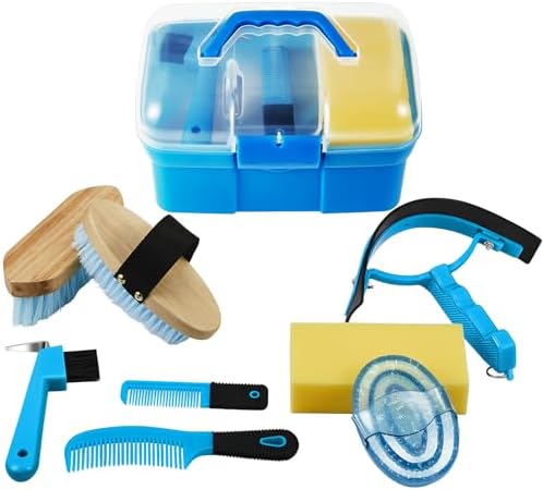 Cunhill 9 Pieces Horse Grooming Kit with Organizer – Curry Comb, Hard & Soft Brushes, Hoof Pick, Sweat Scraper, Sponge – Grooming Supplies for Horses, Riders & Beginners